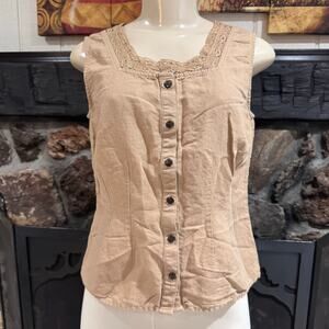 J Jill Fitted Top Crochet Lace Square Neck Brown Linen Cotton Sleeveless sz XSP